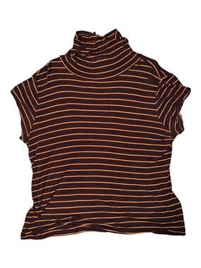 Cabi Women's Medium Slinky Top Black Tan Striped Turtleneck Short Sleeve